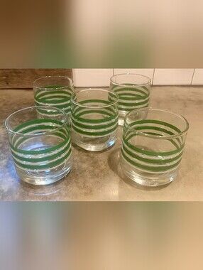 Set of 5 Vintage Libbey Green Stripe Lowball Glasses Juice Water Tumblers